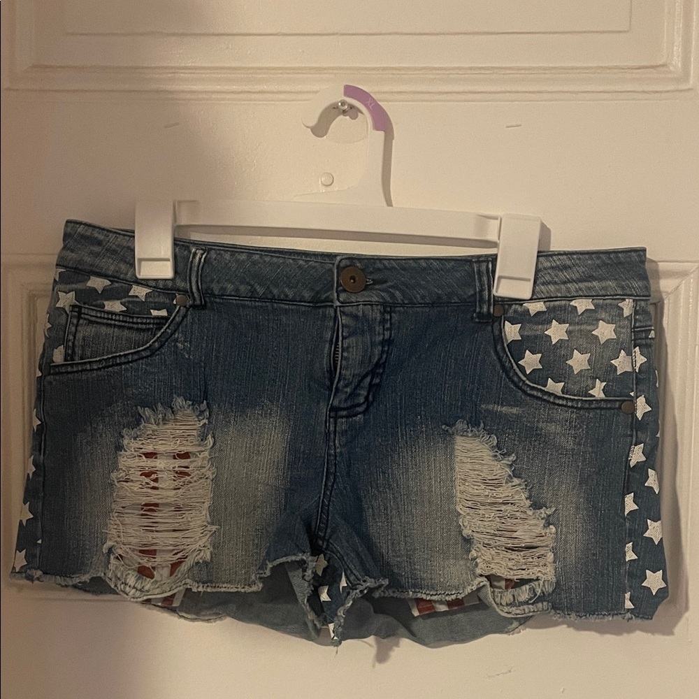 Distressed Star-Patterned Denim Shorts